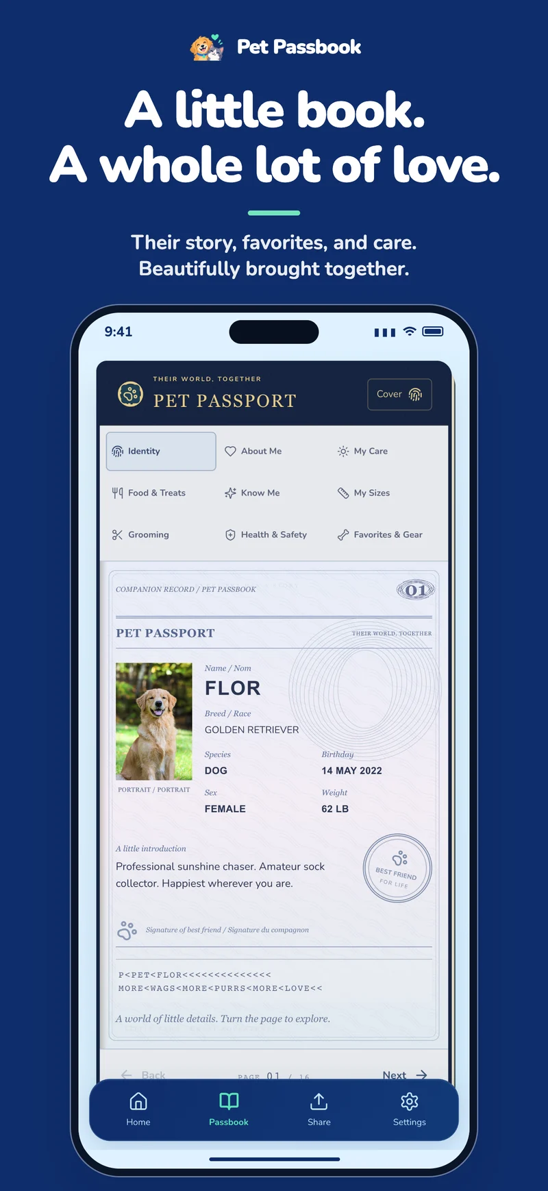 The illustrated Pet Passbook identity page with Flor’s photo, pet details, and introduction.