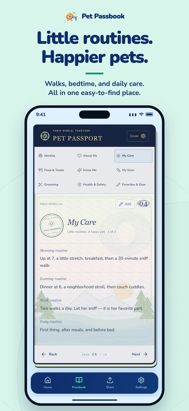 The My Care chapter with morning, evening, walking, and potty routines.