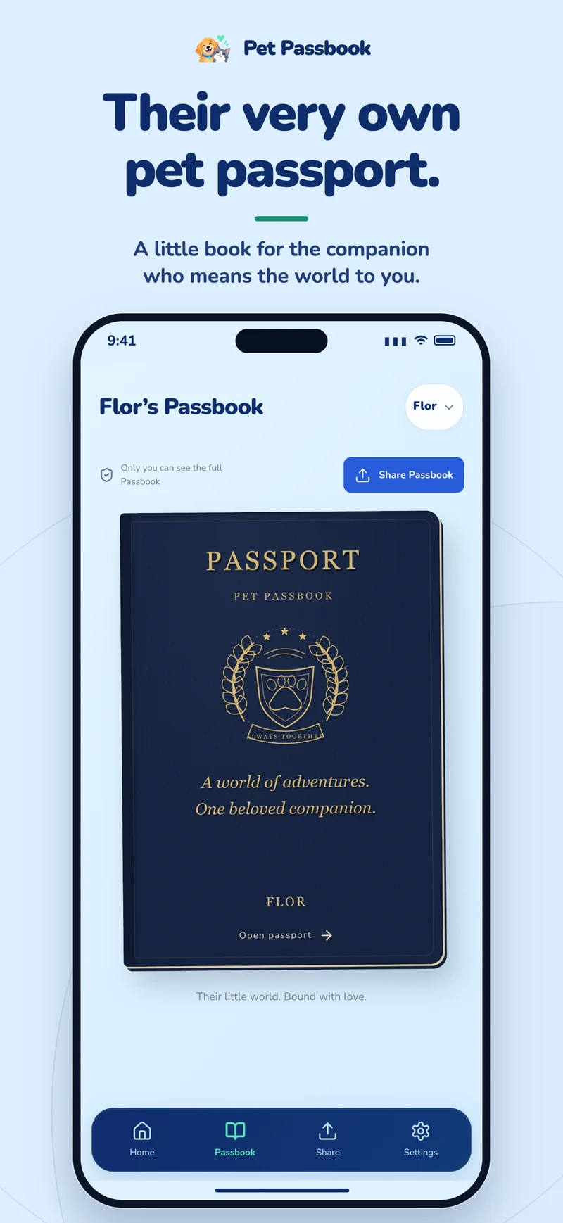 Flor’s closed navy and gold Pet Passbook cover, ready to open.